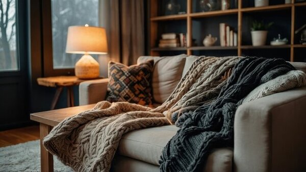 Cozy living room corner with soft lighting, an armchair, and a blanket